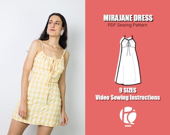 Patrón de costura vestido midi verano / Patrón vestido escote pico espalda / Mini vestido lechera / 9 TALLAS / Patrón de costura PDF