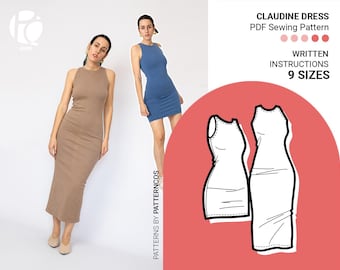 Molde de vestido justo com elastano | Molde de vestido tubo para tricô | Molde de vestido ACONCHEGANTE para mulheres | Vestido curto | 9 TAMANHOS | Molde de costura em PDF