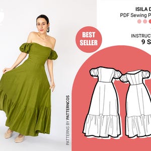 Isila Midi Aシルエットのフリルドレスの縫製パターン | オフショルダーカクテルドレスのパターン | ウェディングドレス | 9サイズ | PDF縫製パターン