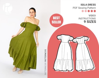 Isila Midi A silhouette ruffled dress sewing pattern | Off-shoulder cocktail dress pattern | Wedding dress | 9 SIZES | PDF Sewing pattern