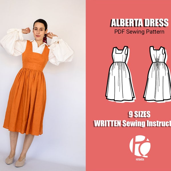 Midi dress sewing pattern rectangular neck | Easy gathered skirt pattern | Cottage milkmaid dress pattern | 9 SIZES | PDF Sewing pattern