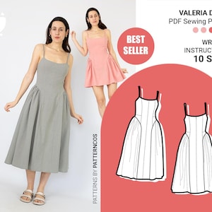 Side gathered dress sewing pattern | Paneled dress pattern | Round neck | Summer midi or mini dress pattern | 10 SIZES | PDF Sewing pattern