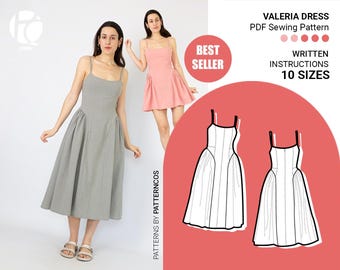 Side gathered dress sewing pattern | Paneled dress pattern | Round neck | Summer midi or mini dress pattern | 10 SIZES | PDF Sewing pattern
