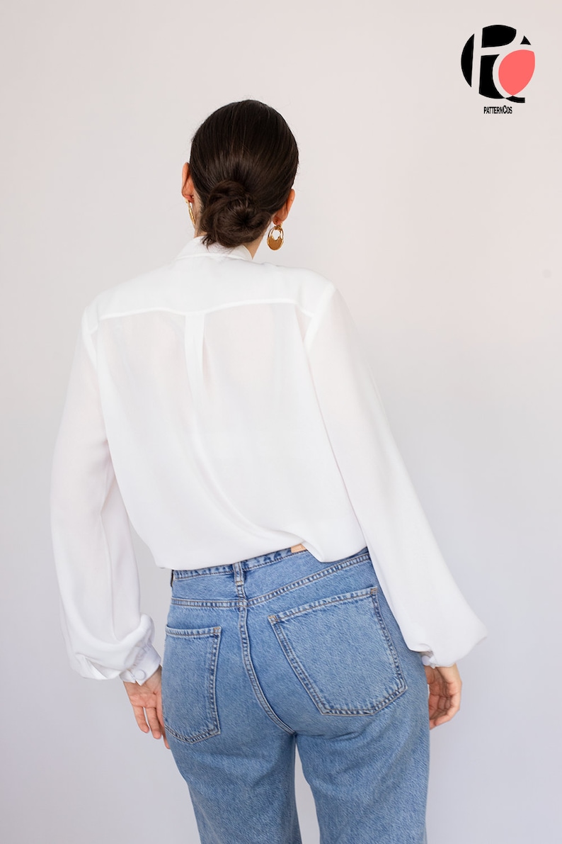 Basis naaipatroon voor blouse Elegant overhemdpatroon met knopen Blousepatroon met strikkraag Top met lantaarnmouwen 9 MATEN PDF-naaipatroon afbeelding 7