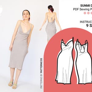 Sunmi Slip Dress Schnittmuster | Cowl neck Kleid Schnittmuster | Offener Kleiderschnitt | Seidiges Kleid Schnittmuster | 9 GRÖßEN | PDF Schnittmuster