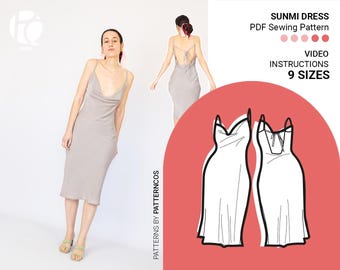Sunmi Slip Dress Schnittmuster | Cowl neck Kleid Schnittmuster | Offener Kleiderschnitt | Seidiges Kleid Schnittmuster | 9 GRÖßEN | PDF Schnittmuster