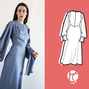 Midi flared Vintage-style sewing pattern | Wedding dress pattern | Elegant Old Money dress | Puffy sleeve | 6 SIZES | PDF Sewing pattern