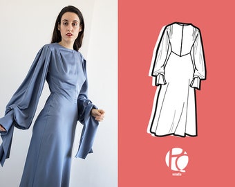 Midi flared Vintage-style sewing pattern | Wedding dress pattern | Elegant Old Money dress | Puffy sleeve | 6 SIZES | PDF Sewing pattern