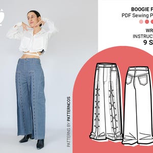 Mid-waist denim pants sewing pattern | Urban trousers with front eyelets | Wide-leg pants pattern for women | 9 SIZES | PDF Sewing pattern