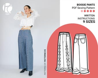 Molde de calça jeans de cintura média | Calça urbana com ilhós frontais | Molde de calça de perna larga para mulher | 9 TAMANHOS | Molde de costura em PDF