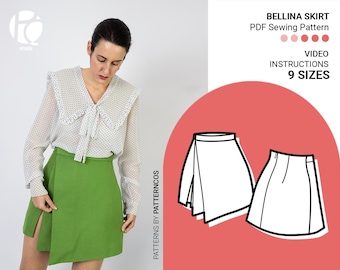 Bellina Minirock Schnittmuster | Schlitzrock Muster | Wickelrock Schnittmuster für Frauen | Trendiger Rock | 9 GRÖßEN | PDF Schnittmuster