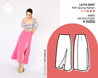 Molde para saia midi elegante | Molde para saia com fenda lateral | Molde para vestido de noiva | Saia evasê para coquetel | 9 TAMANHOS | Molde em PDF