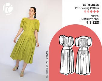 Molde para vestido midi evasê | Molde para vestido estilo Cottagecore | Molde para vestido feminino com botões frontais | Volumoso | 9 TAMANHOS | Molde em PDF