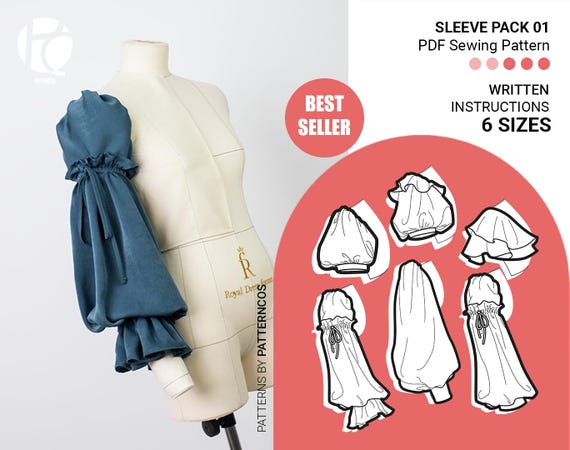 Puffy sleeve sewing pattern pack | Romantic balloon and lantern sleeve pattern | Cute sleeves for dresses | 6 SIZES | PDF Sewing pattern