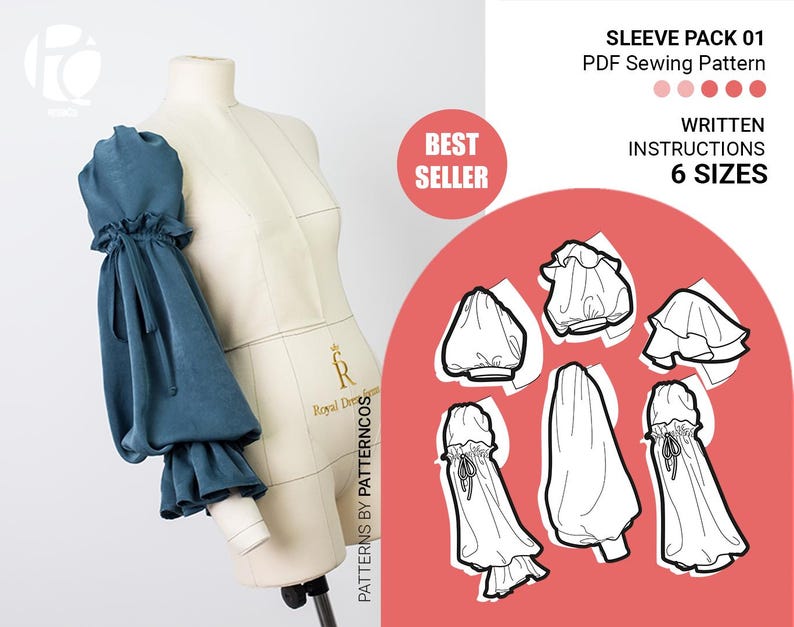 Puffy sleeve sewing pattern pack | Romantic balloon and lantern sleeve pattern | Cute sleeves for dresses | 6 SIZES | PDF Sewing pattern image 1