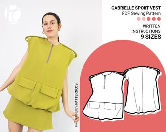 Bubble sport vest sewing pattern | Sleeveless sweatshirt pattern for woven & knit | Open neck jersey pattern | 9 SIZES | PDF Sewing pattern