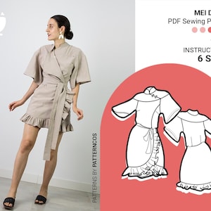 Wrapped minidress sewing pattern | Kimono dress pattern with japanese sleeve | Summer dress pattern | 6 SIZES | PDF Sewing pattern