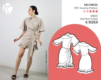 Wrapped minidress sewing pattern | Kimono dress pattern with japanese sleeve | Summer dress pattern | 6 SIZES | PDF Sewing pattern
