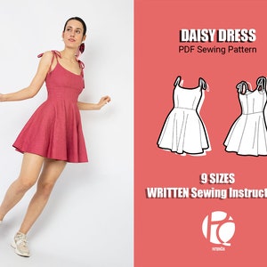 Easy dress sewing pattern | Flared circular skirt pattern | Mini dress pattern for women | Cute strap dress | 9 SIZES | PDF Sewing pattern