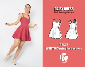 Easy dress sewing pattern | Flared circular skirt pattern | Mini dress pattern for women | Cute strap dress | 9 SIZES | PDF Sewing pattern