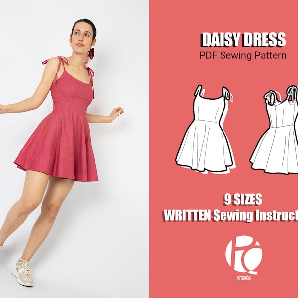 Easy dress sewing pattern | Flared circular skirt pattern | Mini dress pattern for women | Cute strap dress | 9 SIZES | PDF Sewing pattern