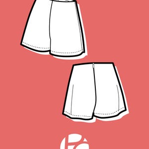 May include: Line drawing of two pairs of shorts. The shorts are white and have a simple design. The image includes the text "PATTERNCO'S".