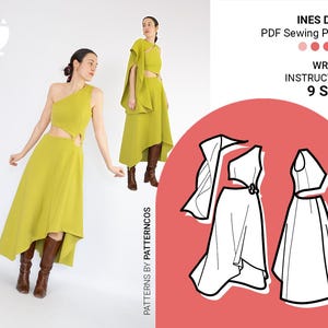 Naaipatroon asymmetrische jurk | Patroon zomerjurk midi-jurk | Jurk met blote schouders | 9 MATEN | Digitaal pdf-naaipatroon
