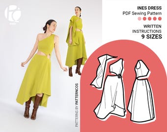 Asymmetrical dress sewing pattern | Summer midi dress pattern | Off-shoulder dress pattern | 9 SIZES | Digital PDF Sewing pattern