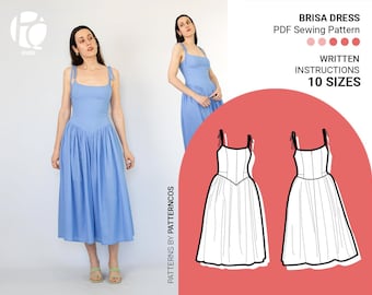 Patron de robe taille basse en V avec jupe froncée | Robe de princesse | Patron de robe midi d'été | 10 TAILLES | Patron de couture PDF