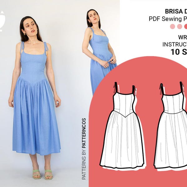 Molde para vestido midi de verão com cintura baixa em formato de V e saia franzida | Vestido princesa | Molde para vestido midi de verão | 10 TAMANHOS | Molde em PDF