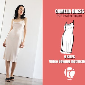 Camelia silk slip dress sewing pattern | French style midi dress pattern | Easy silky bias dress pattern  | 9 SIZES | PDF Sewing pattern