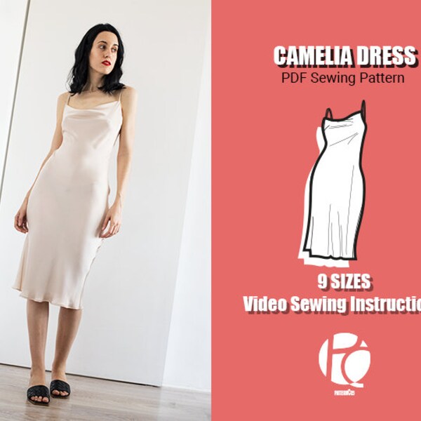 Camelia silk slip dress sewing pattern | French style midi dress pattern | Easy silky bias dress pattern  | 9 SIZES | PDF Sewing pattern