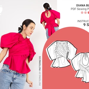 Drape wrapped blouse sewing pattern | Puffy ranglan sleeve | Elegant skin back window top pattern | Trendy | 9 SIZES | PDF Sewing pattern