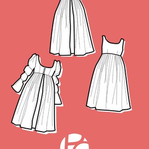 May include: Three white dress designs on a red background. The dresses are outlined in black, with details like buttons and pleats. One dress has long sleeves, another has a sleeveless design, and the third has a scoop neck. The logo "PATTERNCOS" is in the bottom right corner.