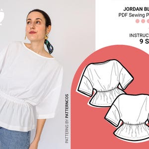 Wide Elastic Fitted Waist Blouse sewing pattern | Easy top pattern for women | Cozy blouse design | 9 SIZES | PDF Sewing pattern