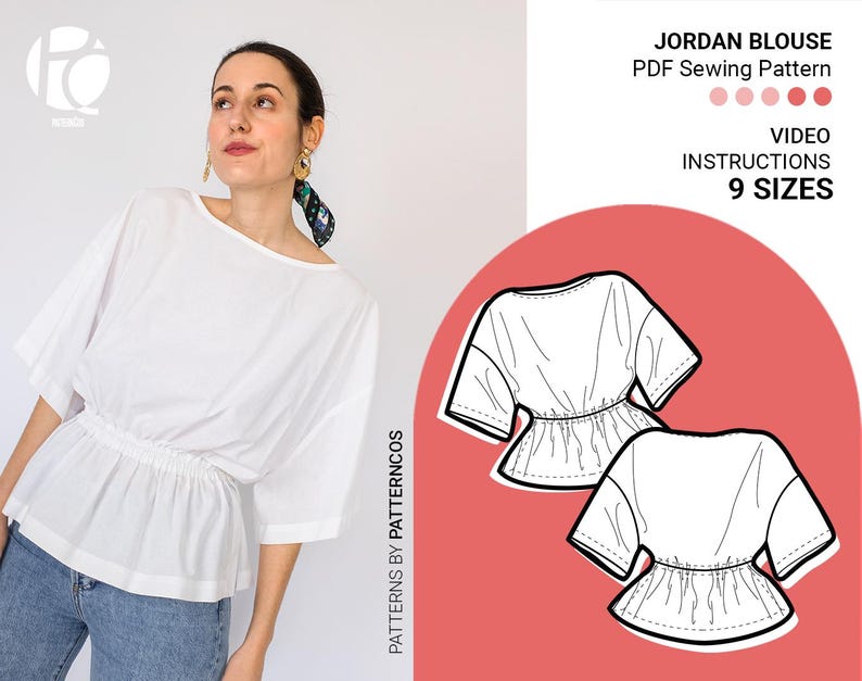 Wide Elastic Fitted Waist Blouse sewing pattern | Easy top pattern for women | Cozy blouse design | 9 SIZES | PDF Sewing pattern image 1