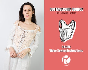 Patron de couture corset | Motif Cottagecore | Modèle Renaissance pour servante de lait | Corsage romantique à lacets | 9 TAILLES | Patron de couture PDF