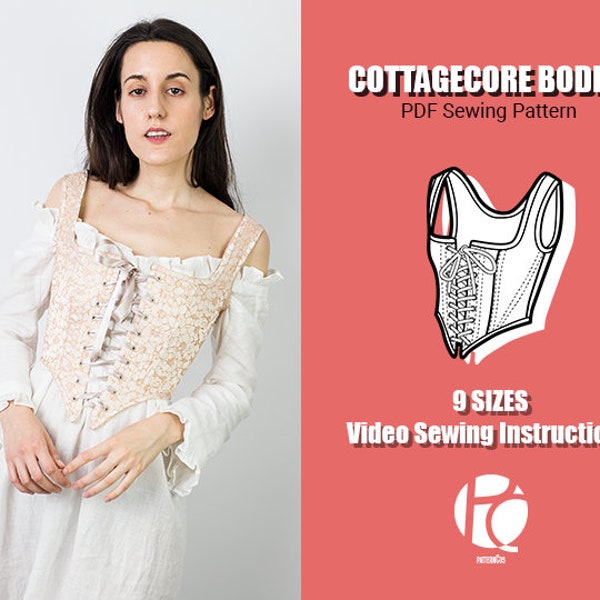 Patron de couture corset | Motif Cottagecore | Modèle Renaissance pour servante de lait | Corsage romantique à lacets | 9 TAILLES | Patron de couture PDF