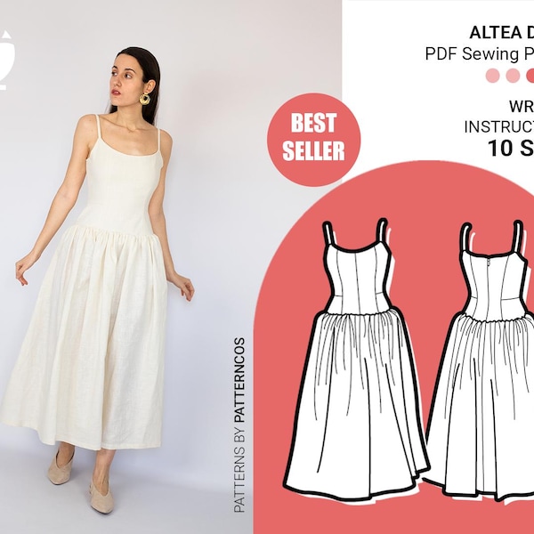 Basispatroon midi-jurk | Jurkpatroon met lage taille | Naaipatroon mediterrane trouwjurk midi-jurk | 10 MATEN | PDF-naaipatroon