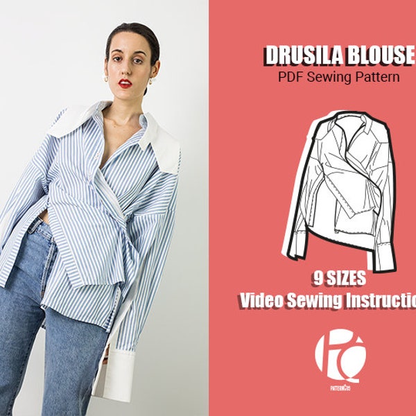 Loose fit blouse sewing pattern | Draping blouse pattern | Trendy long sleeve | Cozy silky shirt pattern |9 SIZES | PDF Sewing pattern