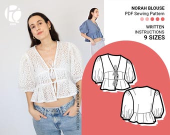 Front tie blouse sewing pattern | Loose fit blouse pattern for summer | Basic top pattern and puffed sleeves | 9 SIZES | PDF Sewing pattern