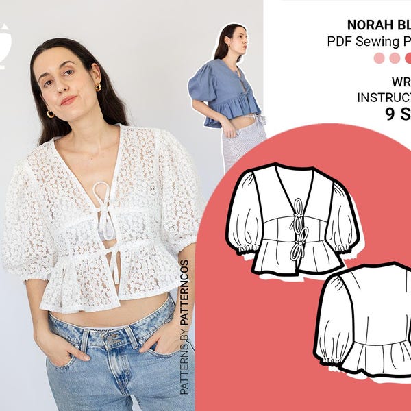 Front tie blouse sewing pattern | Loose fit blouse pattern for summer | Basic top pattern and puffed sleeves | 9 SIZES | PDF Sewing pattern