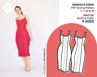 Molde de vestido lápis midi | Molde de vestido elegante | Molde de saia lápis para mulheres | Vestido de alça fofo | 9 TAMANHOS | Molde de costura em PDF
