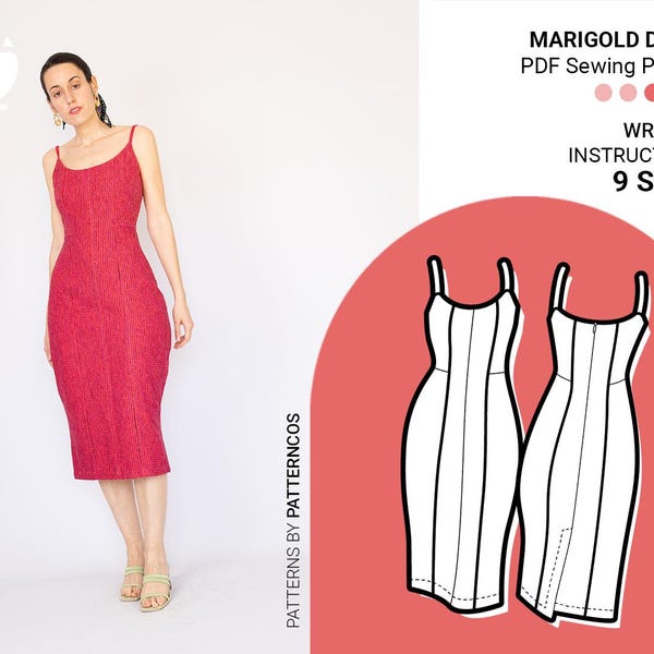 Midi pencil dress sewing pattern | Elegant dress pattern | Pencil skirt pattern for women | Cute strap dress | 9 SIZES | PDF Sewing pattern