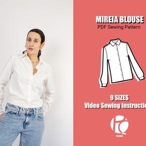 Buttoned shirt sewing pattern | Basic blouse pattern for women | Relaxed fit blouse pattern with shirt collar | 9 SIZES | PDF Sewing pattern