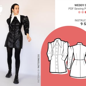 Mini dress sewing pattern| Front buttoned placket dress pattern | Puffy leg of muton sleeve | Trendy dress | 9 SIZES | PDF Sewing pattern