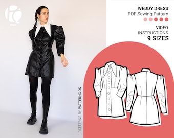 Molde de costura para minivestido | Molde de vestido com botões frontais | Manga de muton com perna bufante | Vestido moderno | 9 tamanhos | Molde de costura em PDF