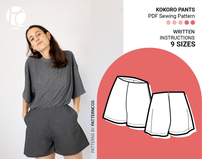 A-line short pants sewing pattern | Summer trousers pattern | Pants with pockets pattern | 9 SIZES | Digital PDF Sewing pattern image 1