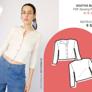 Elastic buttoned top sewing pattern | Knit blouse pattern for women | Cozy top pattern | French sleeve | 9 SIZES | PDF Sewing pattern