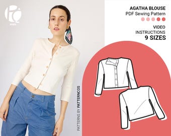 Elastisches geknöpftes Top Schnittmuster | Strickmuster Bluse für Frauen | Gemütliches Top Muster | Französischer Ärmel | 9 GRÖßEN | PDF Schnittmuster